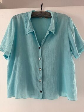 Feminine JJill button-up aqua blouse. Pretty extra flounce on collar & sleeves.